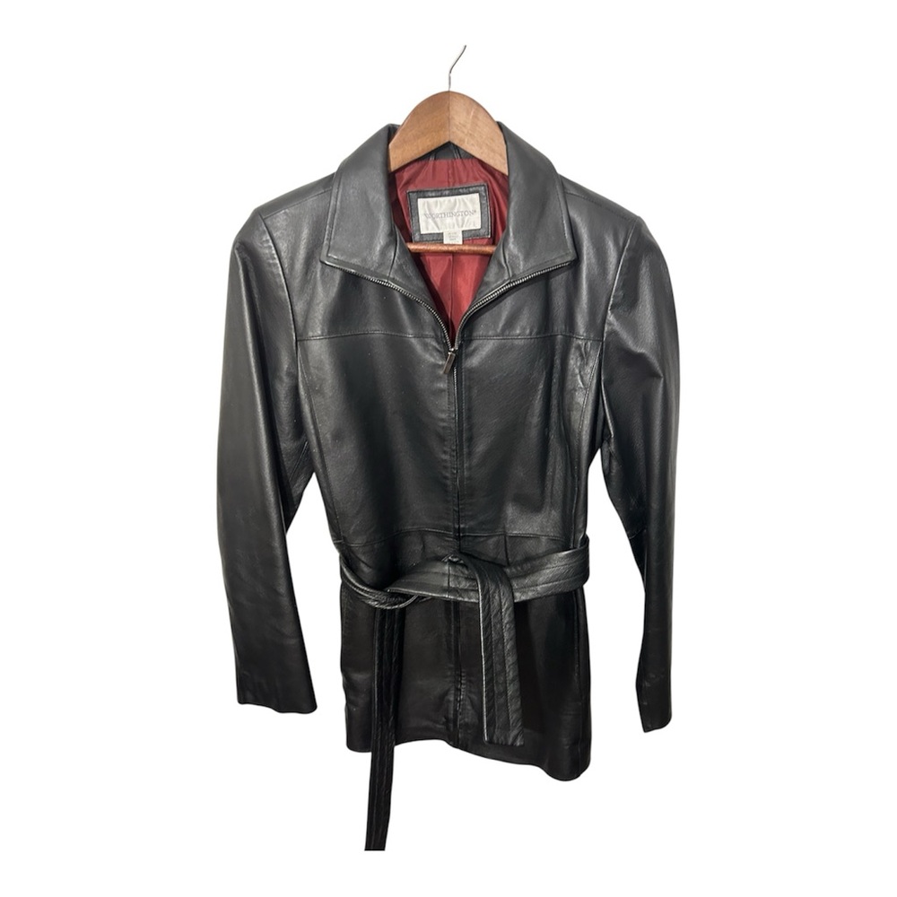 Worthington Genuine Leather Belted Women's Black Leather Jacket Size Small